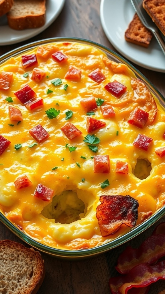 A golden brown potato and egg casserole, bubbling with cheese and garnished with parsley, on a rustic table.